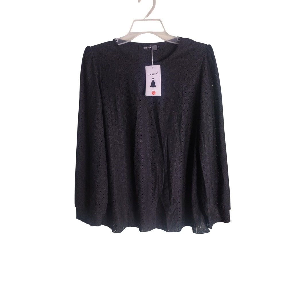 Zesica Womens Black Eyelet Lace Long Sleeve Blouse Top Size M New